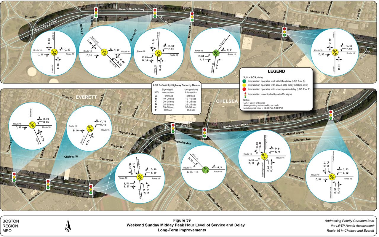 Figure 39
Weekend Sunday Midday Peak-Hour Level of Service and Delay
Figure 39 is a map of the study area with diagrams showing level of service and delay by intersections resulting from long-term improvements during the weekend Sunday midday peak hour.
